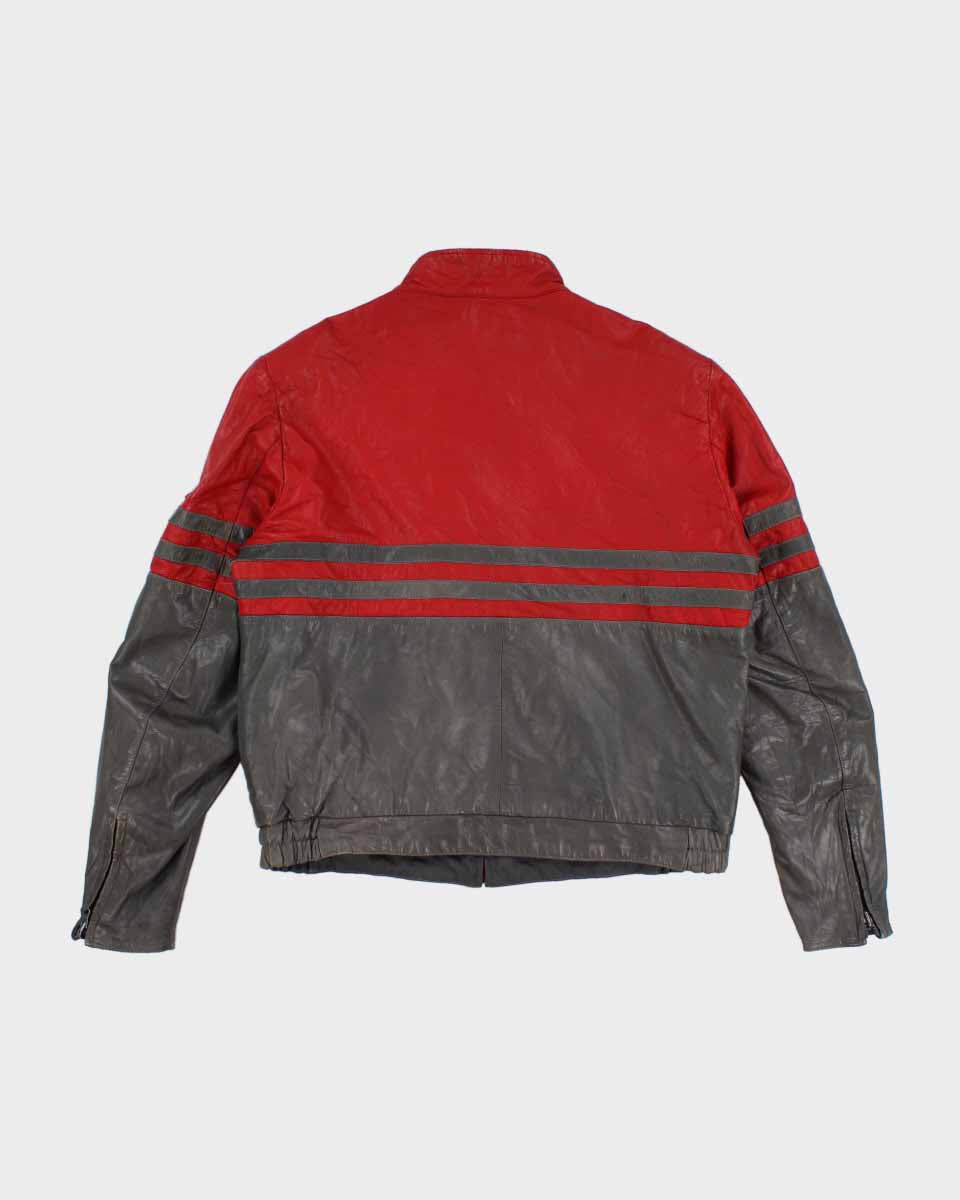 Mens 1980s Grey and Red Leather Racing Jacket - M