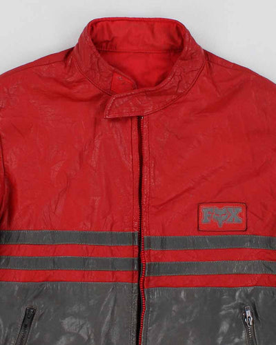 Mens 1980s Grey and Red Leather Racing Jacket - M