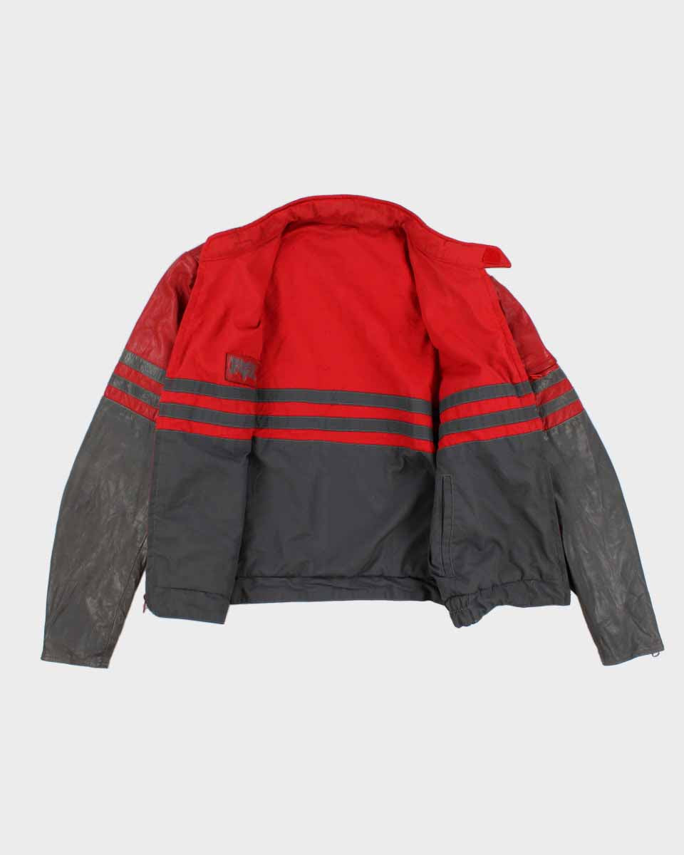 Mens 1980s Grey and Red Leather Racing Jacket - M