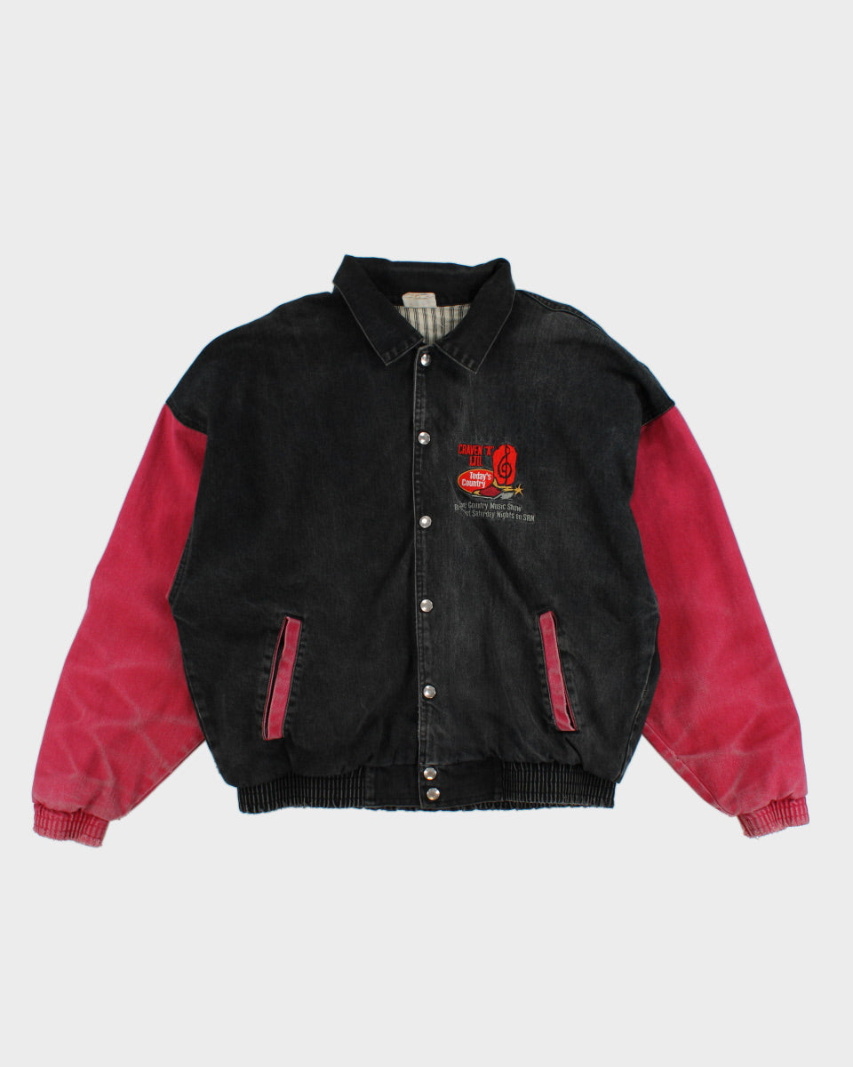 Vintage 90s Black and Burgundy Denim Jacket with Music Embroidery - L