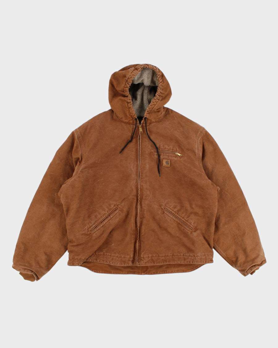 Vintage Carhartt Fleece Lined Hooded Beige Work Wear Jacket - XXL