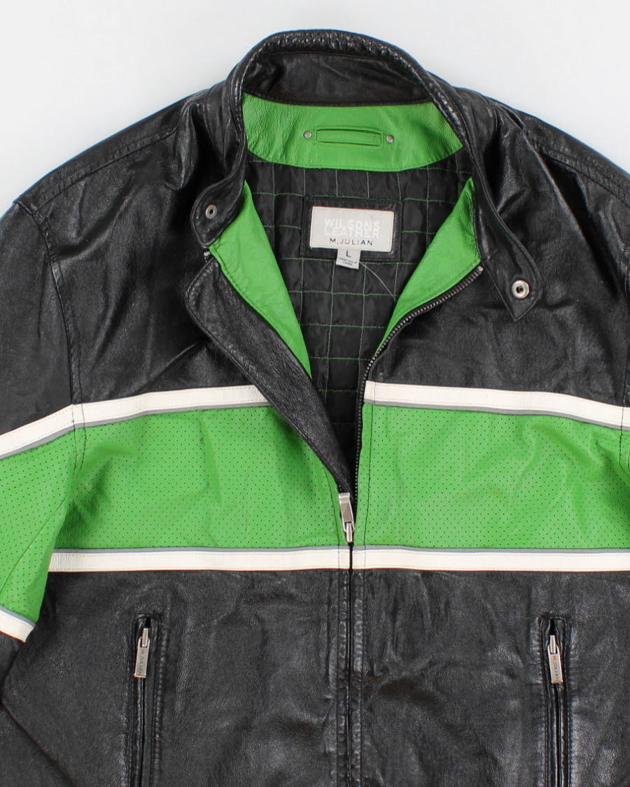 Vintage men's leather black and green stripped moto jacket - L