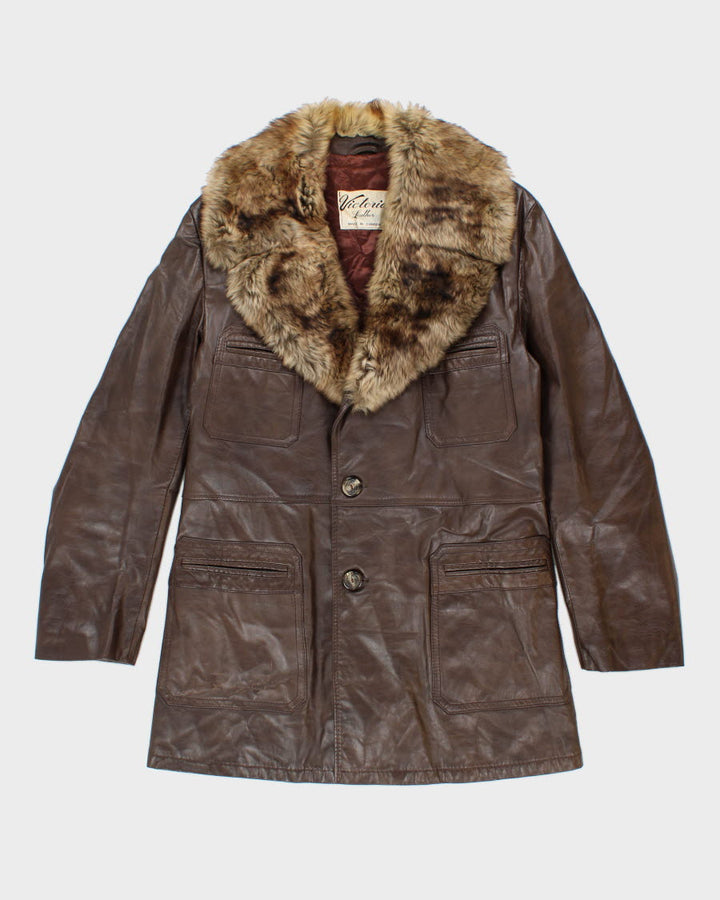 Vintage Men's Brown Leather Coat With Faux Fur Collar Trim M