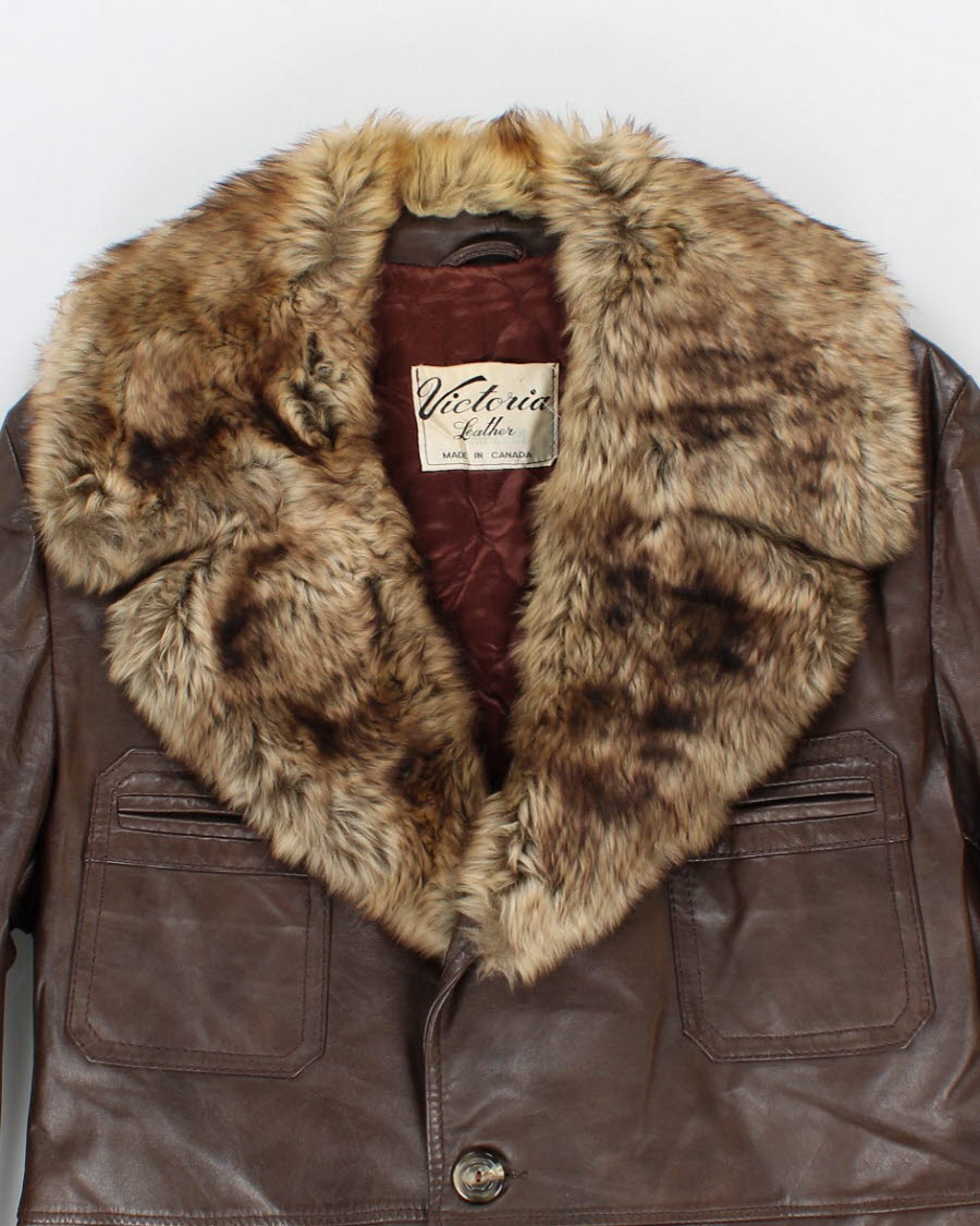 Vintage Men's Brown Leather Coat With Faux Fur Collar Trim - M