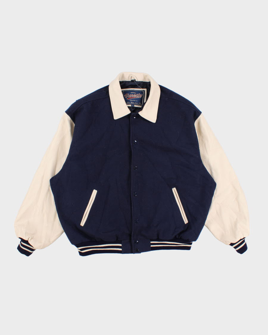 Vintage 90s Men's Varsity Blue and cream Bomber Jacket - L/XL