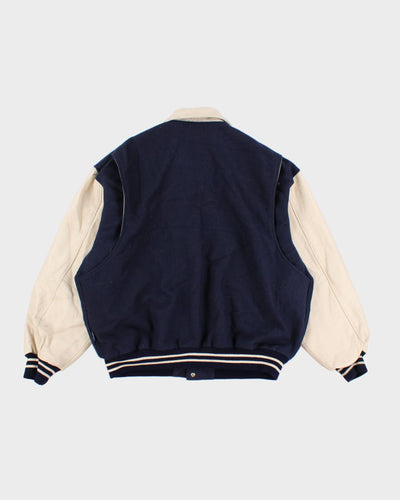 Vintage 90s Men's Varsity Blue and cream Bomber Jacket - L/XL