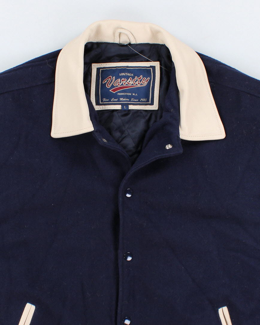 Vintage 90s Men's Varsity Blue and cream Bomber Jacket - L/XL