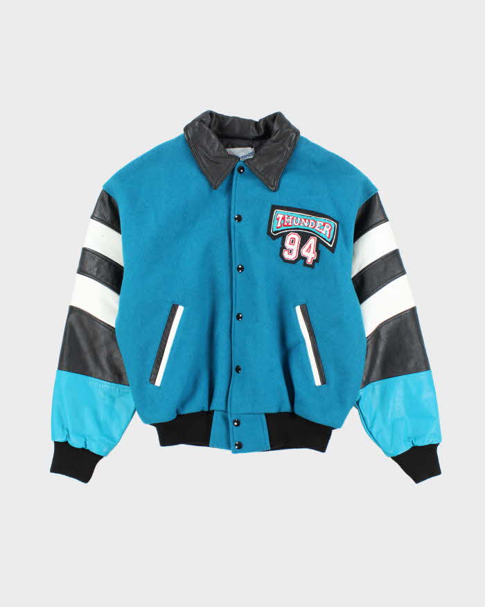 Vintage Men's turquoise, Black and White Leather varsity Jacket - M