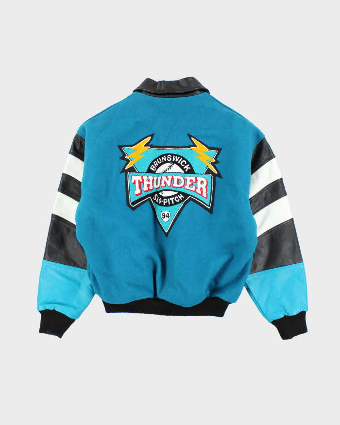 Vintage Men's turquoise, Black and White Leather varsity Jacket - M