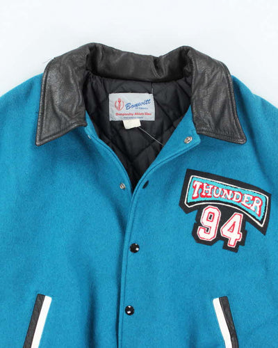Vintage Men's turquoise, Black and White Leather varsity Jacket - M