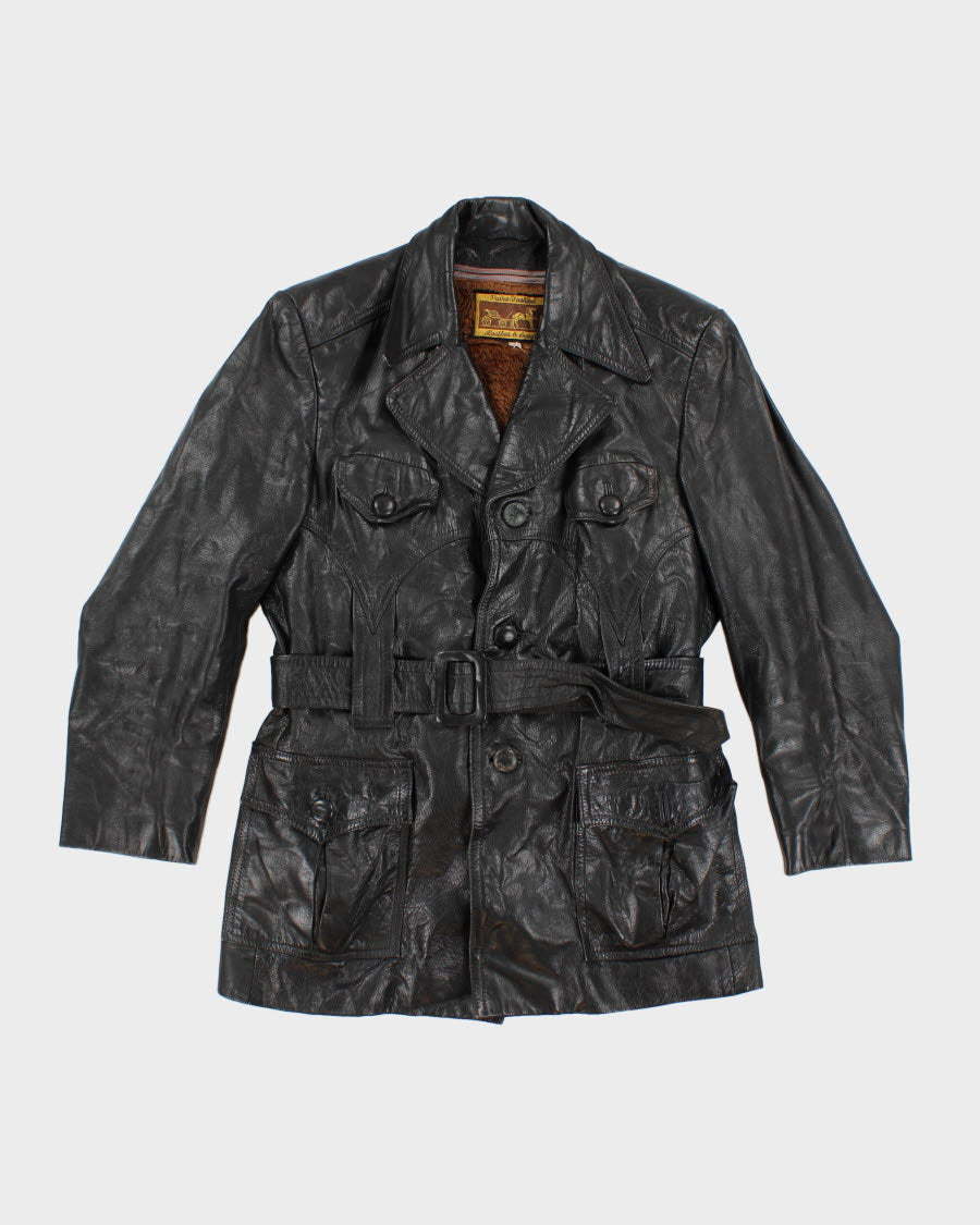 Vintage Fleece Lined Belted Leather Jacket - M