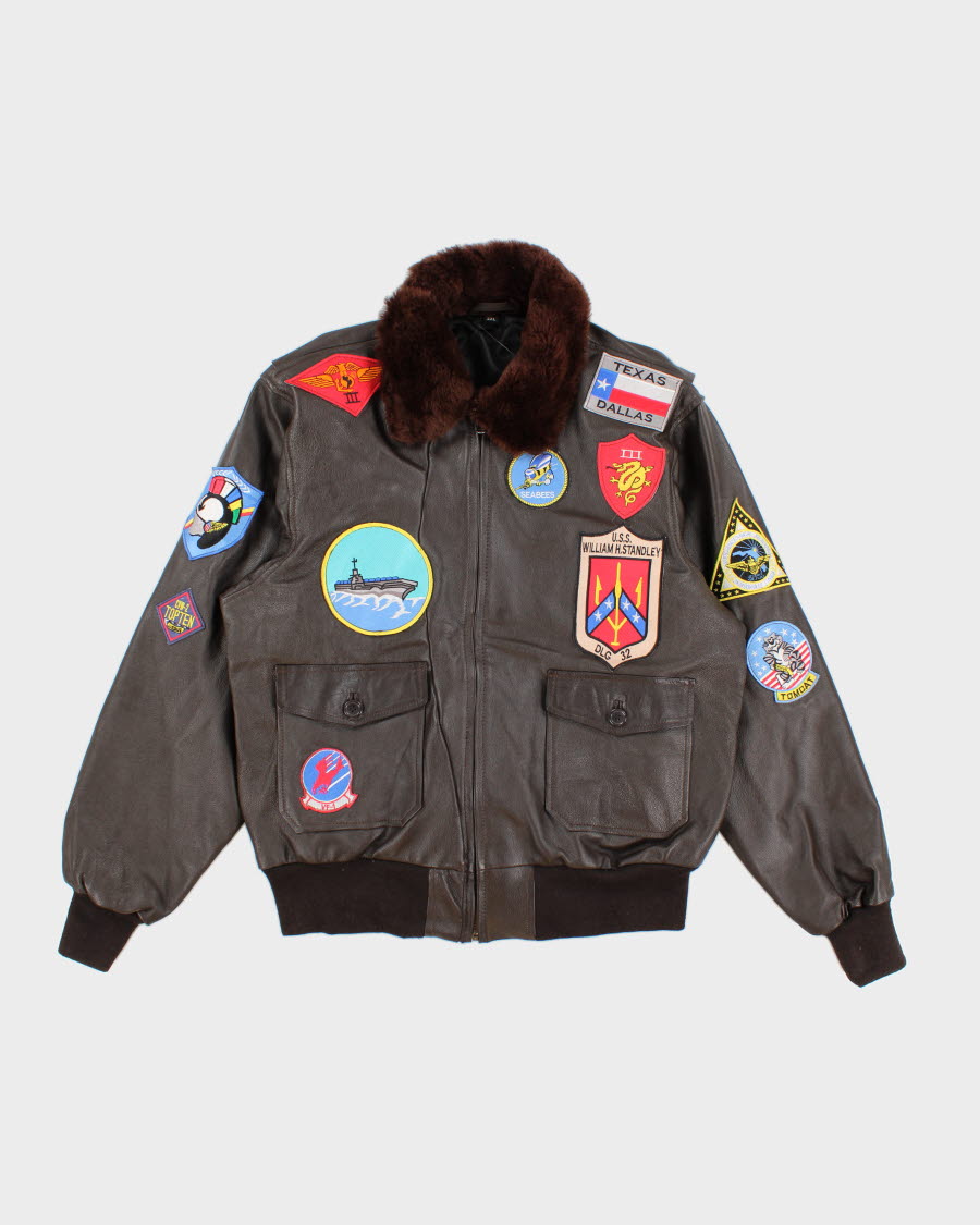 Mens Vintage Brown Leather Bomber Jacket With Patches - XL