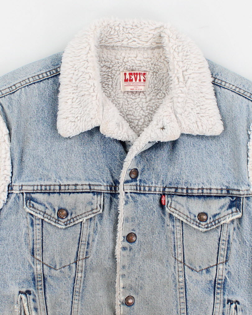 Vintage 80s Levi's Sherpa Lined Lived Sleeveless Denim Jacket - L