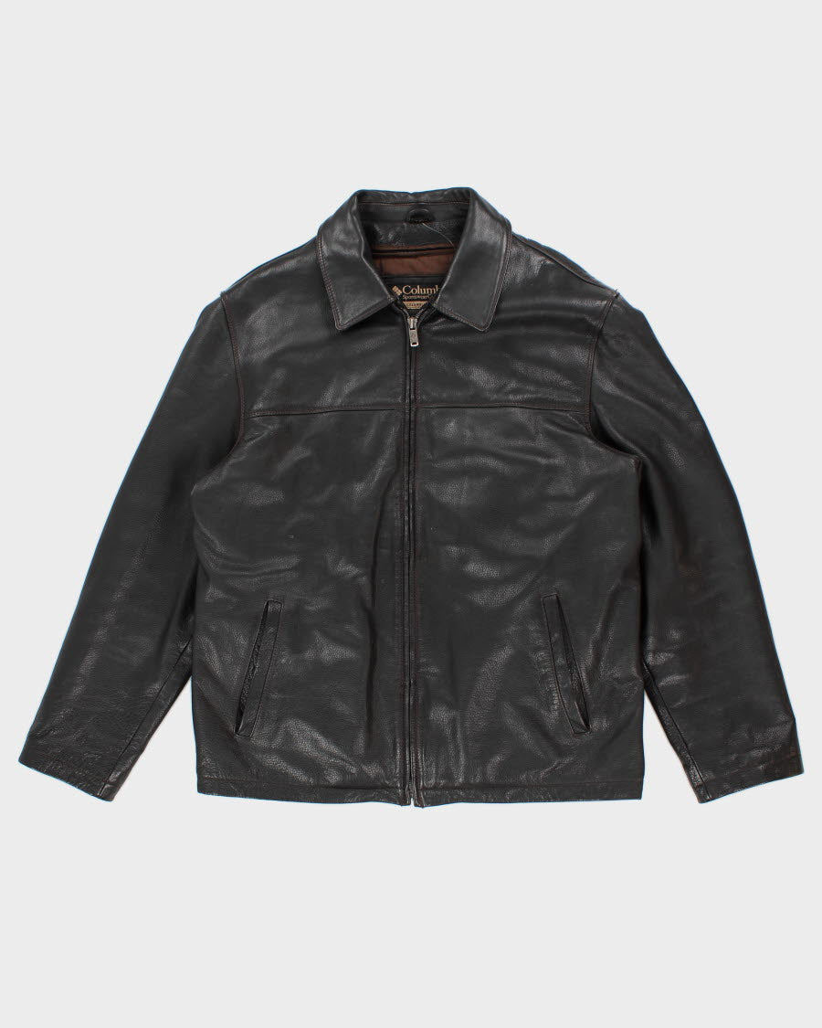 Mens Black Leather Columbia Leather Zip Up Jacket - L