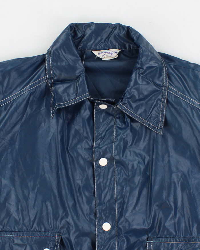 70's Vintage Men's Navy Button Up Nylon Jacket - S