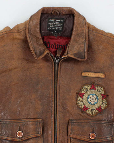 Mens Brown Leather U.S. Navy Embroidered Jacket - M