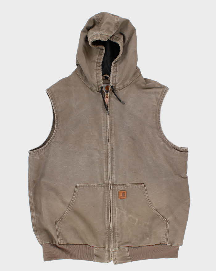 Vintage Men's Cream Carhartt Padded Zip-Up Hooded  Vest - XXL