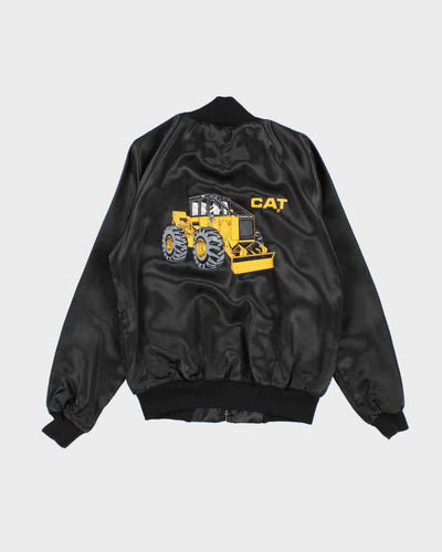 90s Vintage Men's Black Satin Look Cat Varsity Jacket - S
