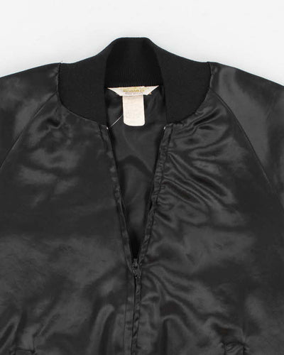 90s Vintage Men's Black Satin Look Cat Varsity Jacket - S