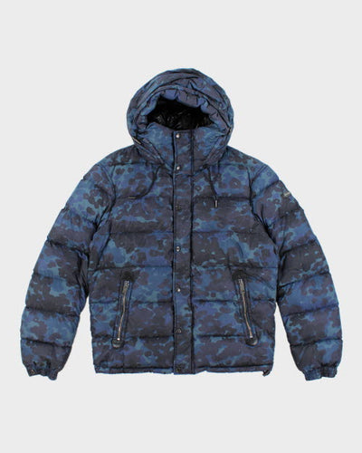 Vintage Burberry Brit Blue Camouflage Hooded Puffer Jacket - M