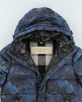 Vintage Burberry Brit Blue Camouflage Hooded Puffer Jacket - M