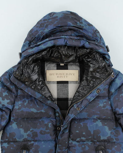 Vintage Burberry Brit Blue Camouflage Hooded Puffer Jacket - M