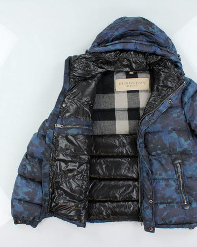 Vintage Burberry Brit Blue Camouflage Hooded Puffer Jacket - M