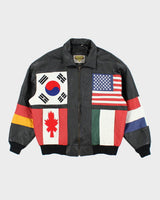 Vintage 90's Phase 2 Black Leather International Flag Bomber Jacket - XL