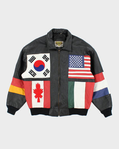Vintage 90's Phase 2 Black Leather International Flag Bomber Jacket - XL