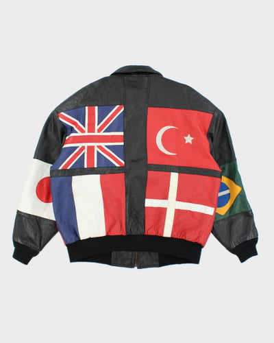 Vintage 90's Phase 2 Black Leather International Flag Bomber Jacket - XL