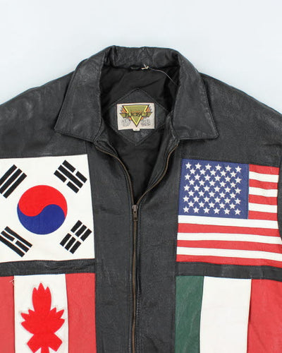 Vintage 90's Phase 2 Black Leather International Flag Bomber Jacket - XL