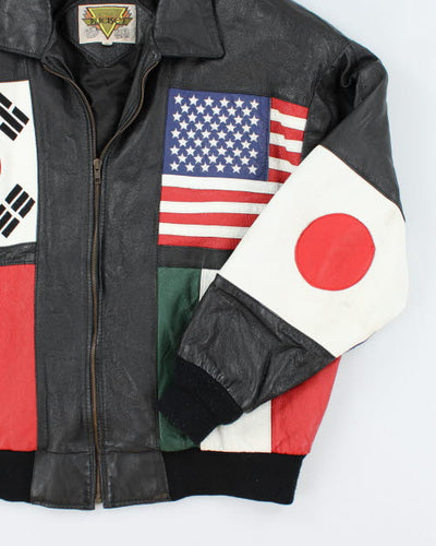 Vintage 90's Phase 2 Black Leather International Flag Bomber Jacket - XL