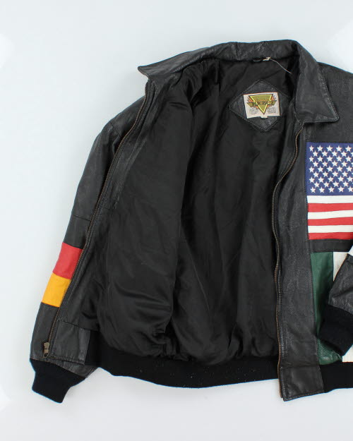 Vintage 90's Phase 2 Black Leather International Flag Bomber Jacket - XL