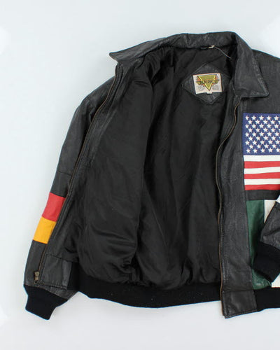 Vintage 90's Phase 2 Black Leather International Flag Bomber Jacket - XL
