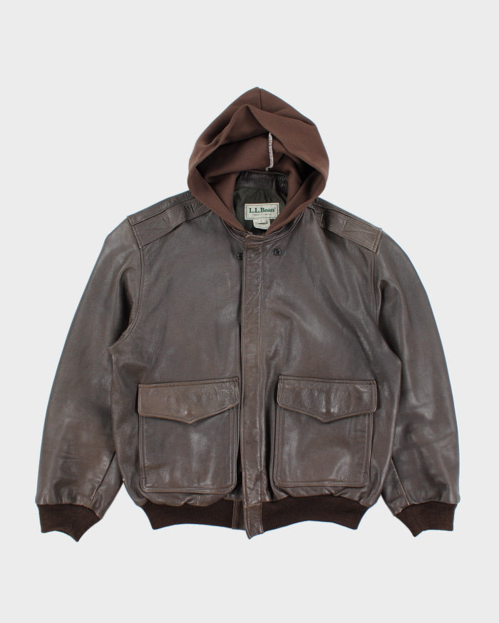 Vintage 90's L.L. Bean Hooded Heavyweight Leather Jacket - L