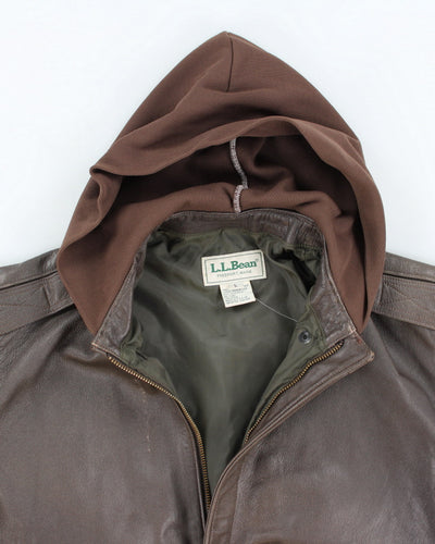 Vintage 90's L.L. Bean Hooded Heavyweight Leather Jacket - L