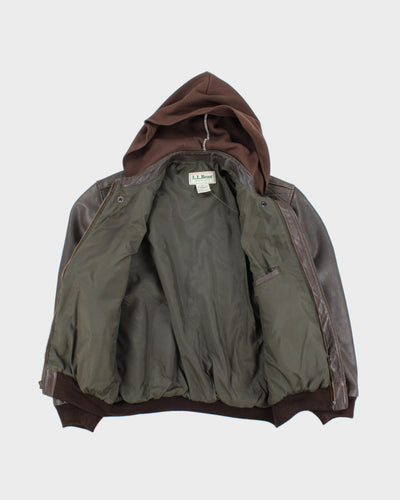 Vintage 90's L.L. Bean Hooded Heavyweight Leather Jacket - L