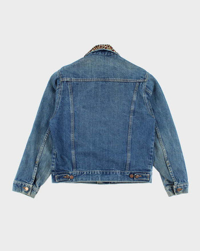 Vintage 90's Leopard Print Collar Dark Wash Denim Jacket - M