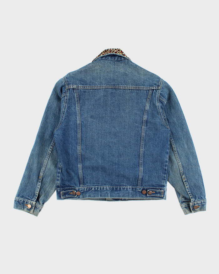 Vintage 90's Leopard Print Collar Dark Wash Denim Jacket - M