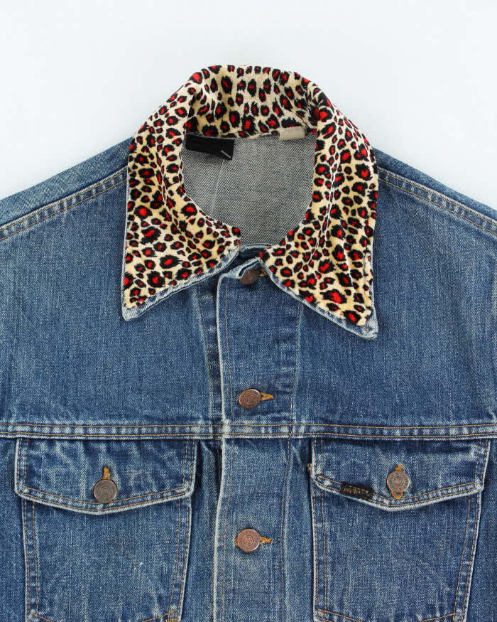 Vintage 90's Leopard Print Collar Dark Wash Denim Jacket - M