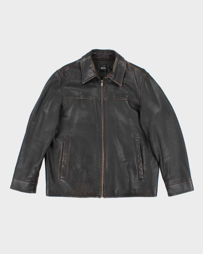 Vintage Y2K Hugo Boss Heavyweight Brown Leather Button Up Jacket - L