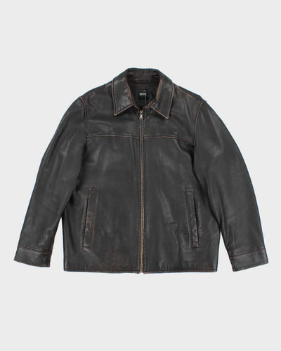 Vintage Y2K Hugo Boss Heavyweight Brown Leather Button Up Jacket - L