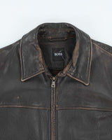 Vintage Y2K Hugo Boss Heavyweight Brown Leather Button Up Jacket - L