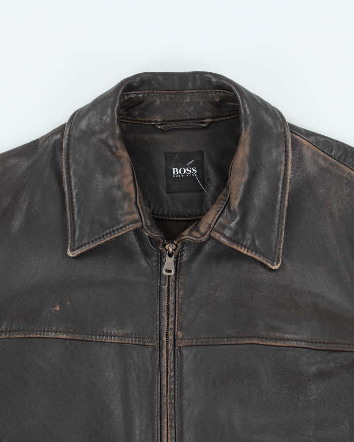 Vintage Y2K Hugo Boss Heavyweight Brown Leather Button Up Jacket - L