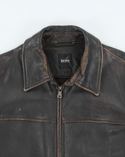 Vintage Y2K Hugo Boss Heavyweight Brown Leather Button Up Jacket - L