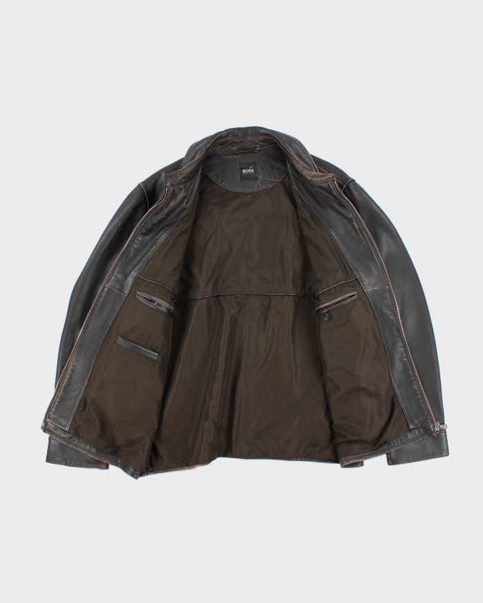 Vintage Y2K Hugo Boss Heavyweight Brown Leather Button Up Jacket - L