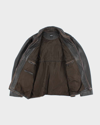 Vintage Y2K Hugo Boss Heavyweight Brown Leather Button Up Jacket - L