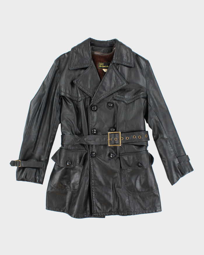 Vintage 70's Sears Heavyweight Insulated Belted Leather Trench Jacket - M