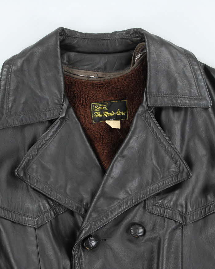 Vintage 70's Sears Heavyweight Insulated Belted Leather Trench Jacket - M