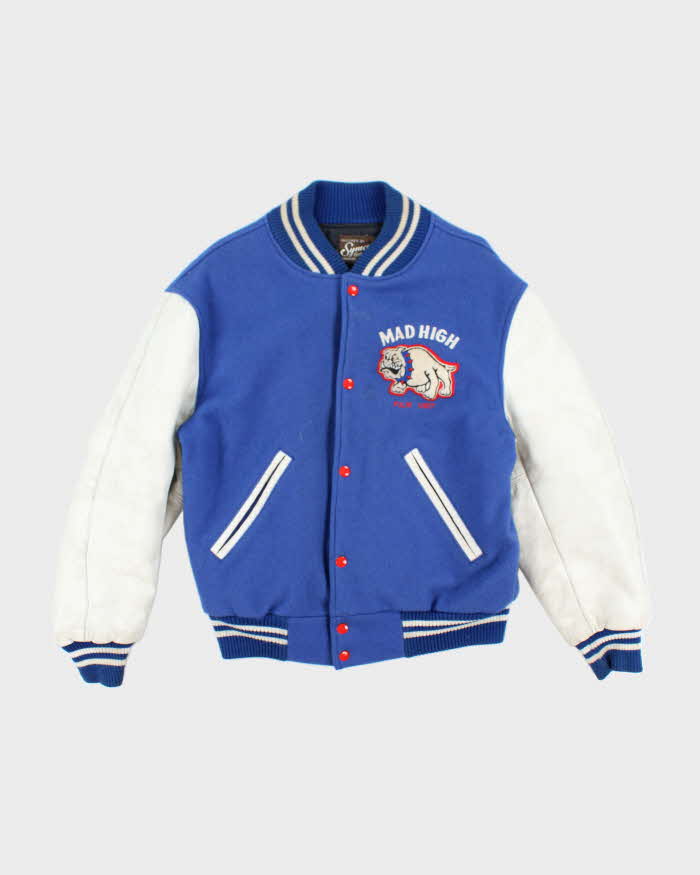 Vintage 70's Mad High Embroidered Heavyweight Leather Varsity Jacket - M